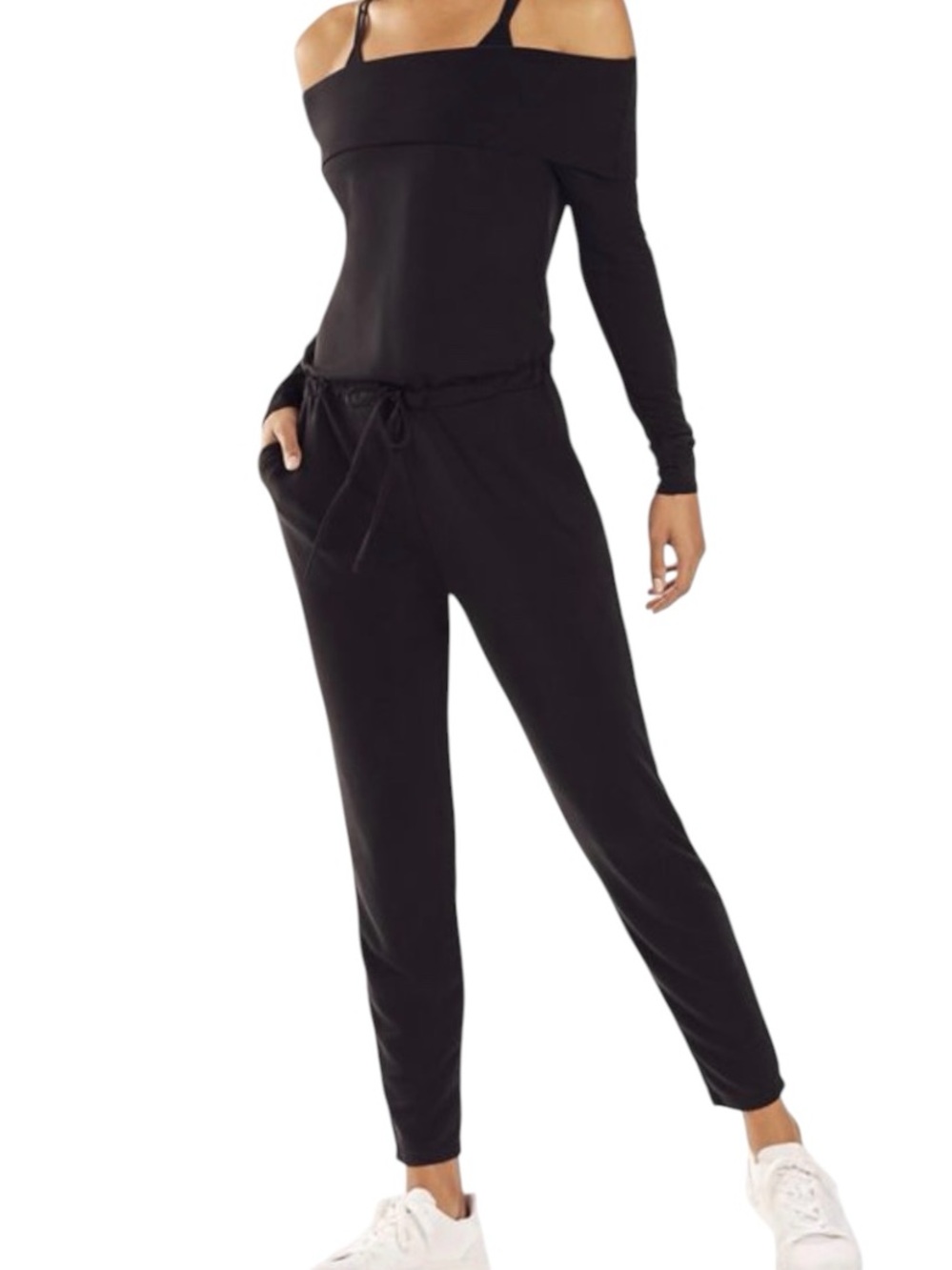 Fabletics Tess Off Shoulder Jumpsuit Black XL Modal Knit Cowl Neck NWT